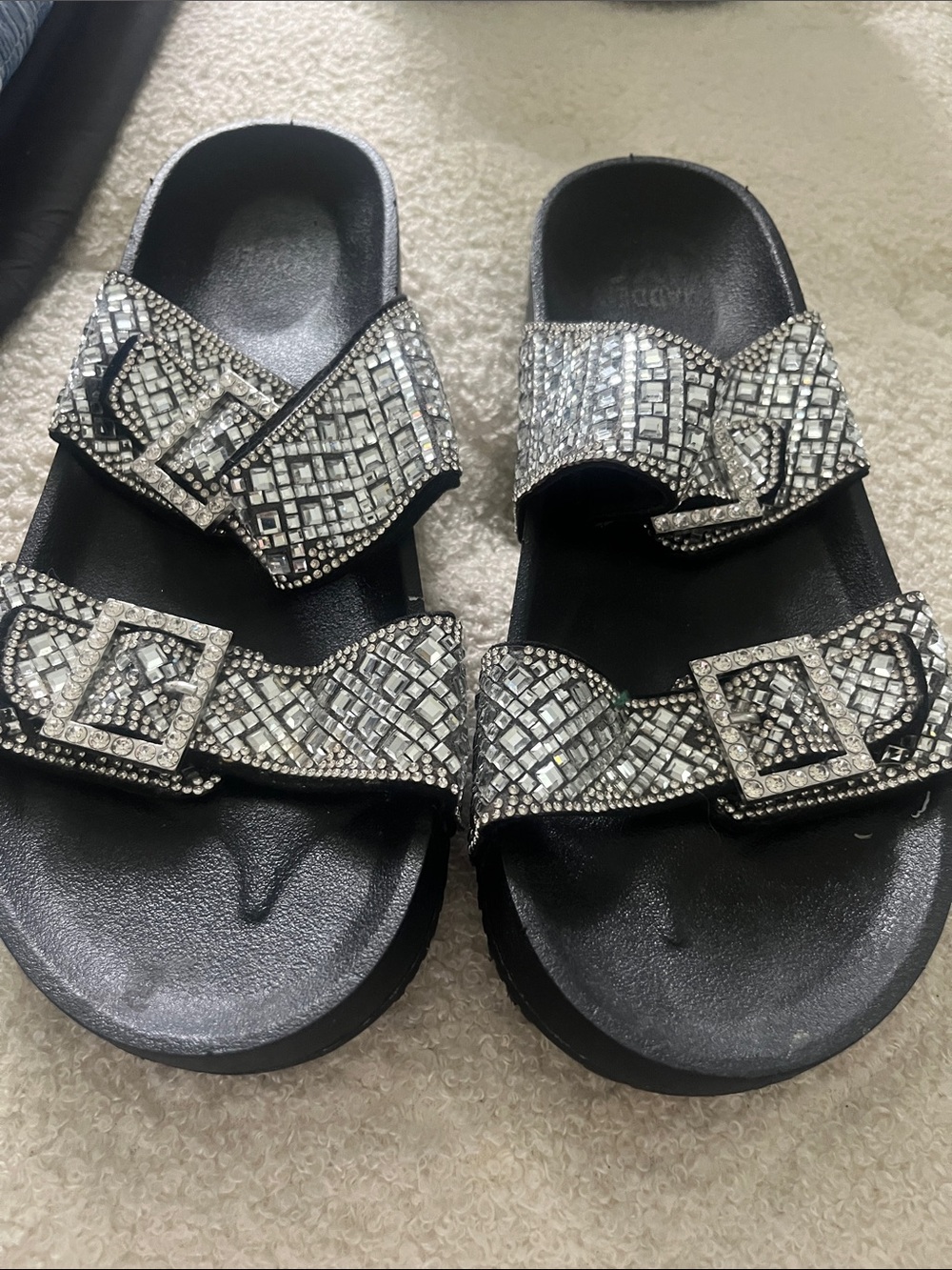 Steve Madden Black Slide Sandals with Silver Crystal Straps - Picture 3 of 3